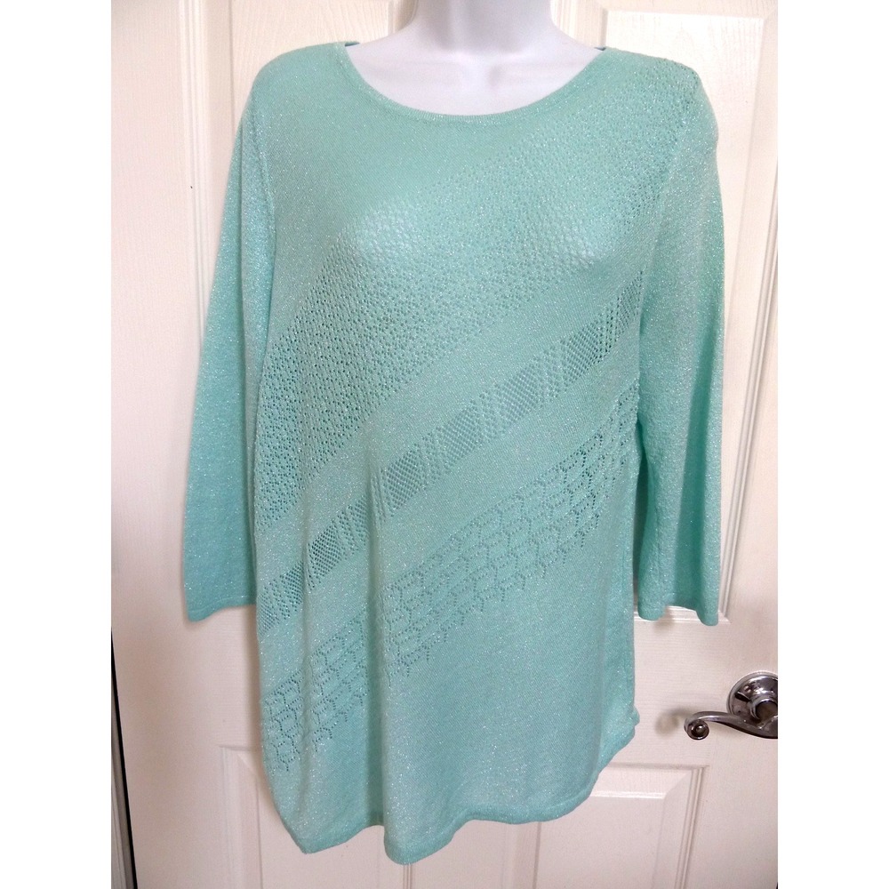 Easywear by Chico's Size 2 Aqua Blue Metallic Asymmetrical Knit Sweater Large